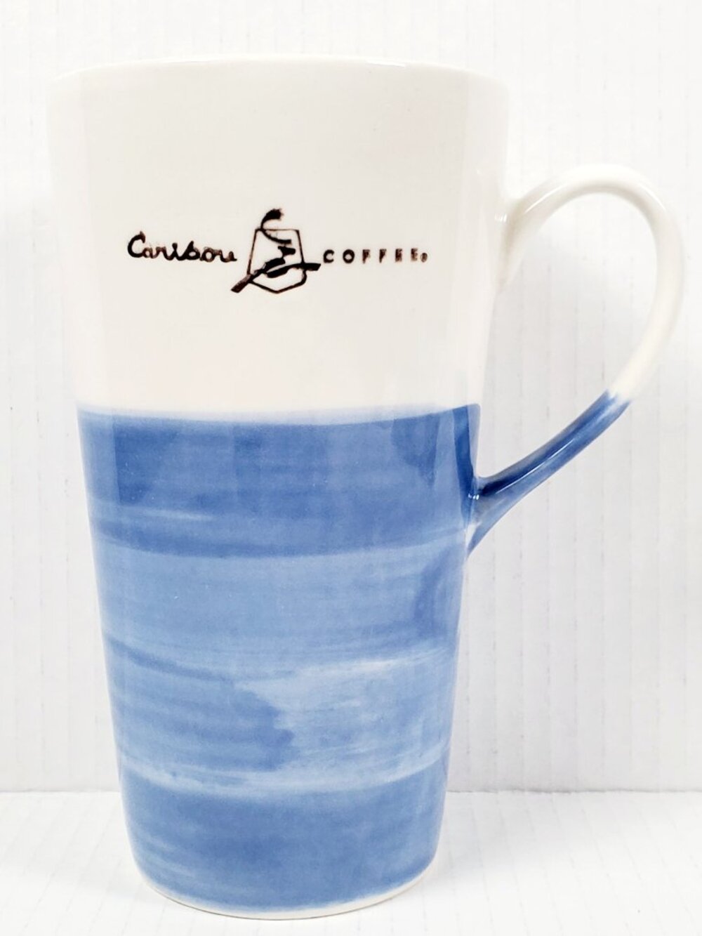 CARIBOU 18oz Blue & White Tall 6.5" Ceramic Coffee Latte Tea Travel Mug Cup 2015